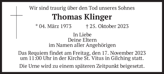 Traueranzeige von Thomas Klinger von merkurtz