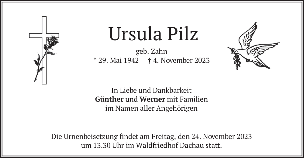  Traueranzeige für Ursula Pilz vom 18.11.2023 aus merkurtz