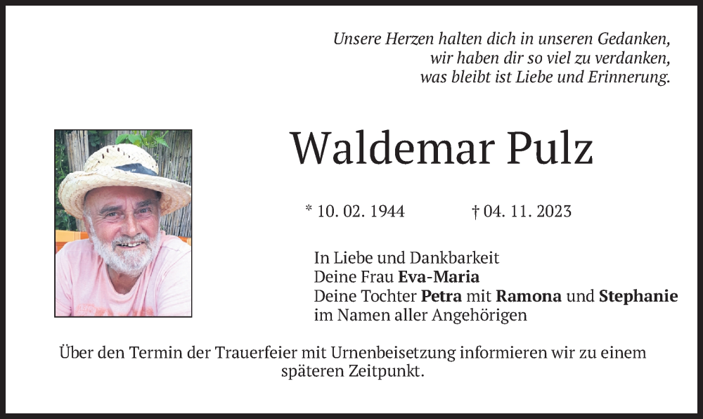  Traueranzeige für Waldemar Pulz vom 07.11.2023 aus merkurtz