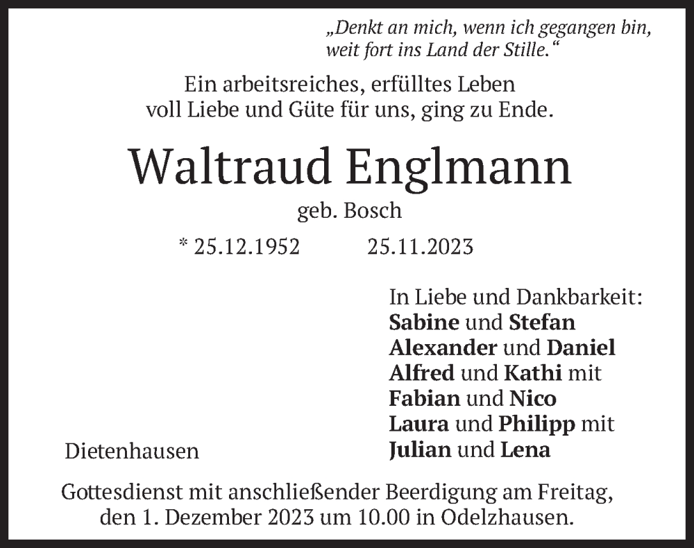  Traueranzeige für Waltraud Englmann vom 28.11.2023 aus merkurtz