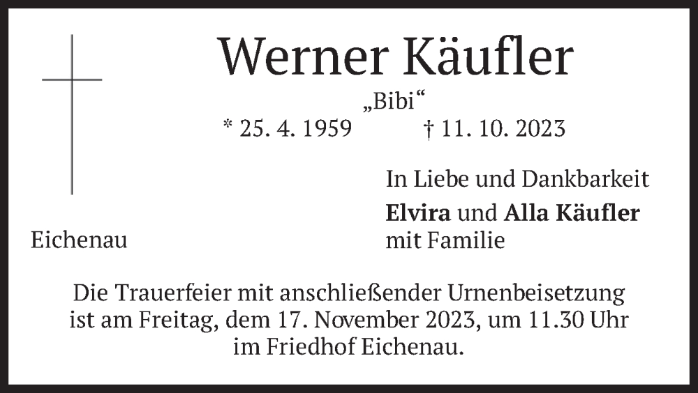  Traueranzeige für Werner Käufler vom 11.11.2023 aus merkurtz