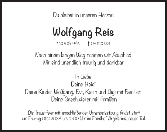 Traueranzeige von Wolfgang Reis von merkurtz