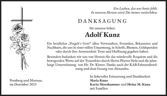 Traueranzeige von Adolf Kunz von Das Gelbe Blatt Penzberg