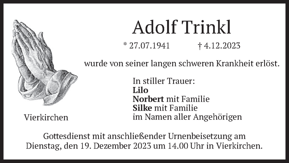 Traueranzeigen von Adolf Trinkl | trauer.merkur.de