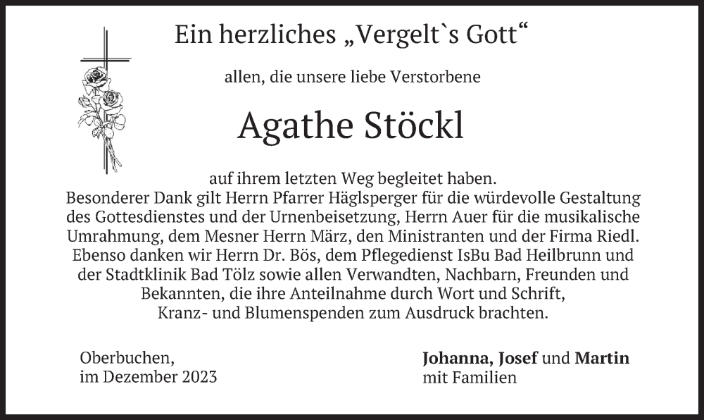  Traueranzeige für Agathe Stöckl vom 09.12.2023 aus merkurtz