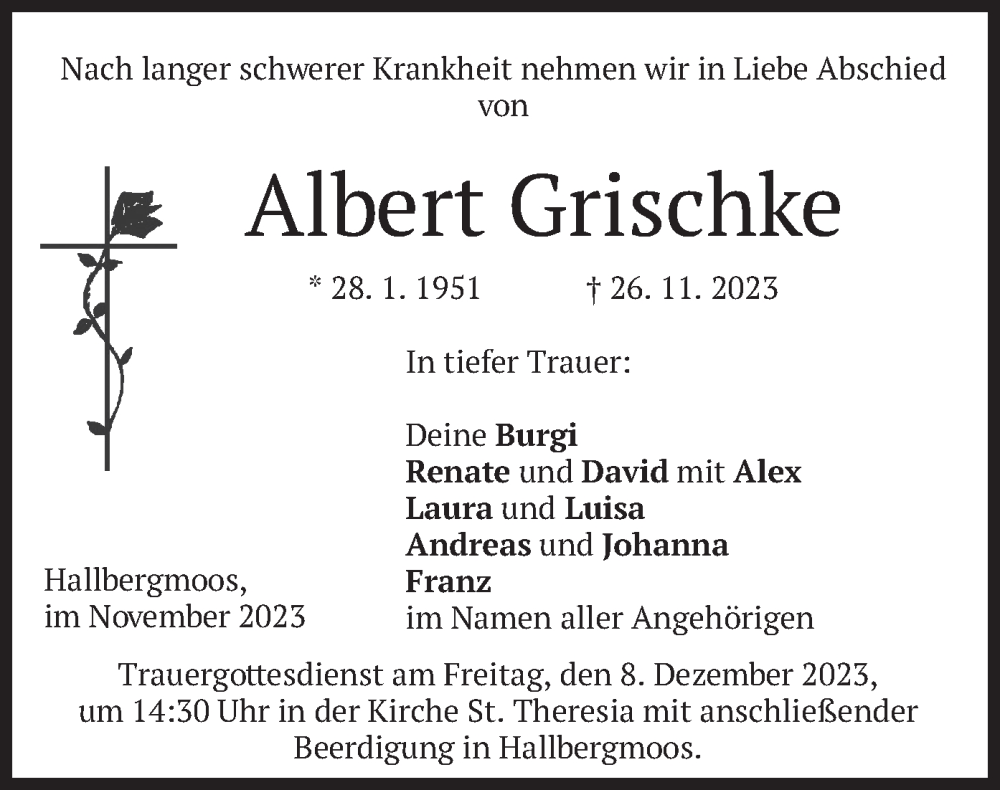  Traueranzeige für Albert Grischke vom 02.12.2023 aus merkurtz