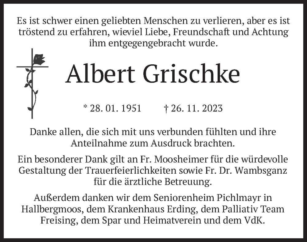  Traueranzeige für Albert Grischke vom 16.12.2023 aus merkurtz
