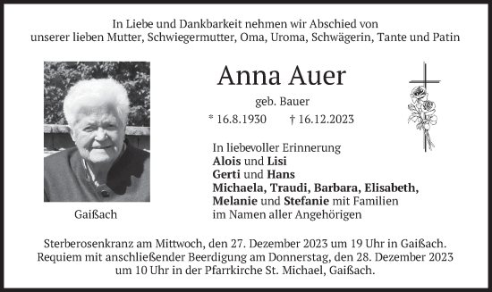 Traueranzeige von Anna Auer von merkurtz