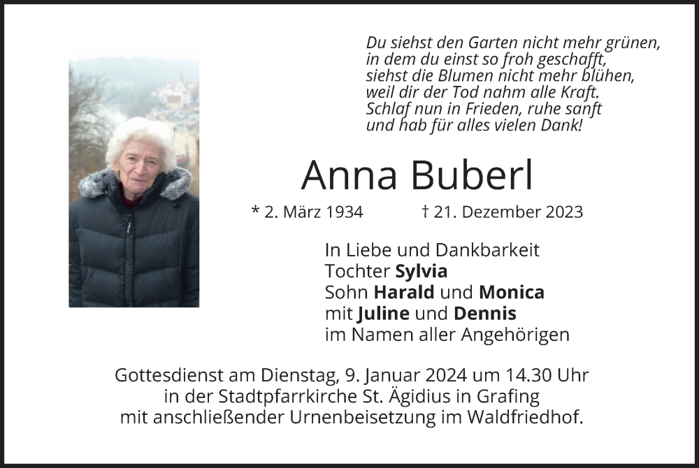  Traueranzeige für Anna Buberl vom 30.12.2023 aus merkurtz