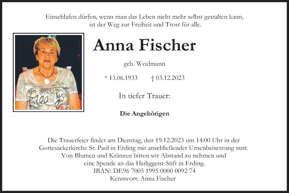  Traueranzeige für Anna Fischer vom 16.12.2023 aus merkurtz