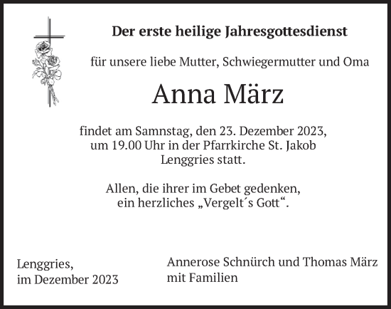 Traueranzeige von Anna März von merkurtz