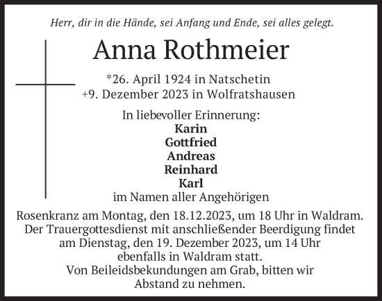 Traueranzeige von Anna Rothmeier von merkurtz