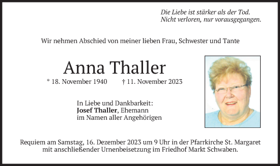 Traueranzeige von Anna Thaller von merkurtz