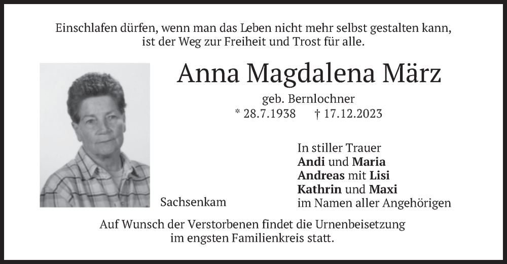  Traueranzeige für Anna Magdalena März vom 23.12.2023 aus merkurtz