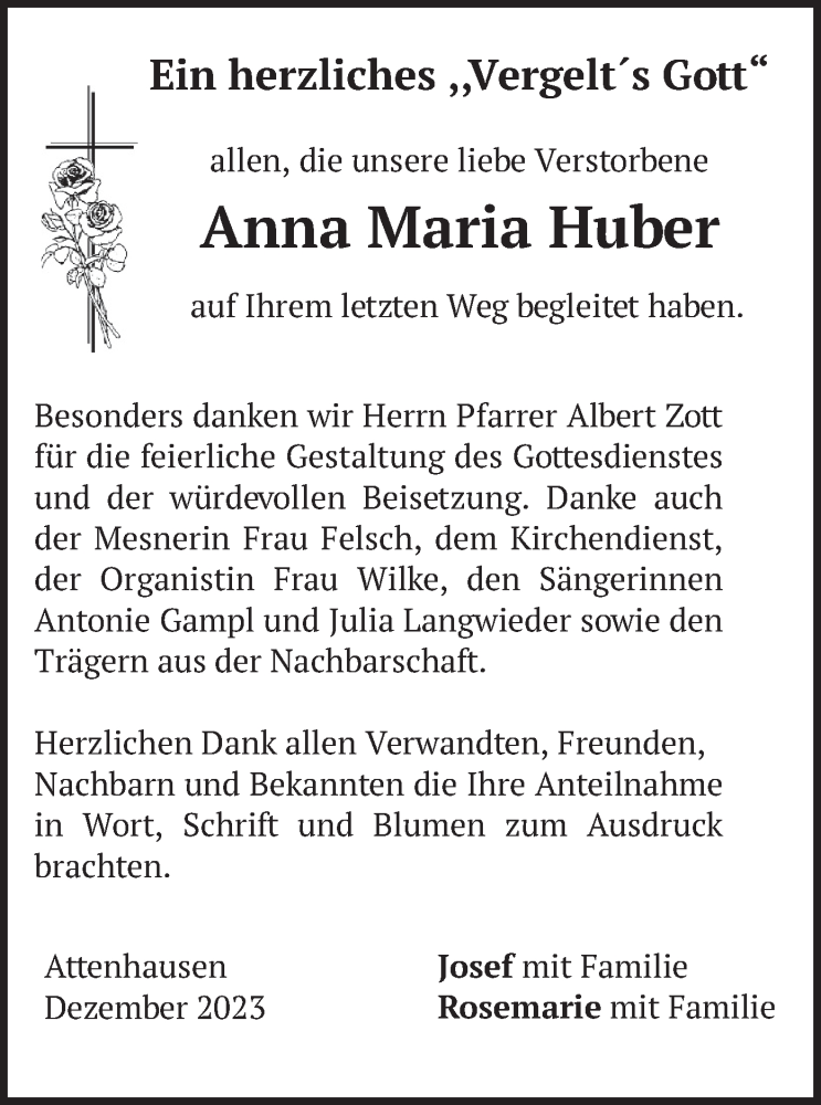  Traueranzeige für Anna Maria Huber vom 30.12.2023 aus merkurtz