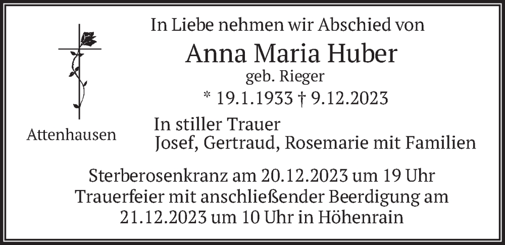  Traueranzeige für Anna Maria Huber vom 16.12.2023 aus merkurtz