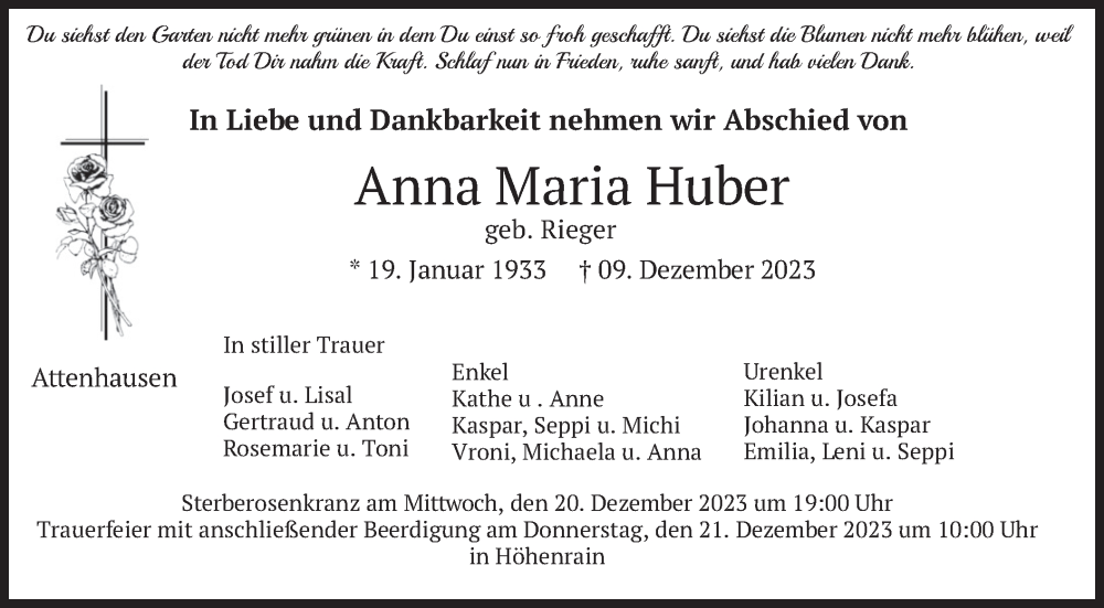  Traueranzeige für Anna Maria Huber vom 16.12.2023 aus merkurtz