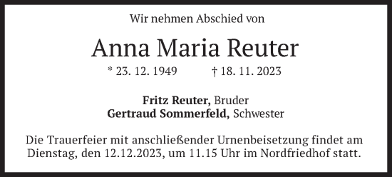 Traueranzeige von Anna Maria Reuter von merkurtz