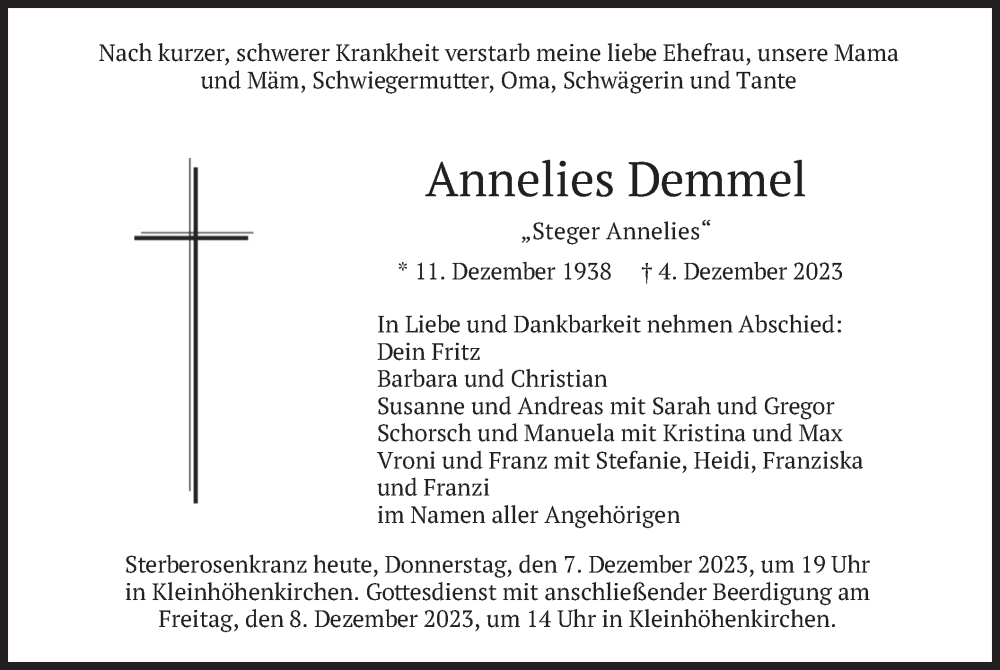  Traueranzeige für Annelies Demmel vom 07.12.2023 aus merkurtz