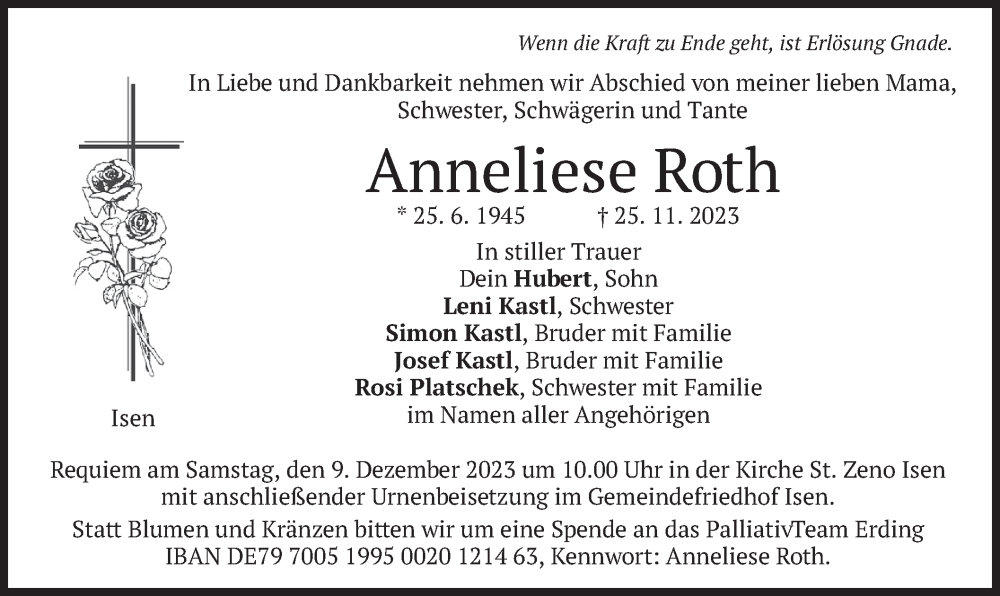  Traueranzeige für Anneliese Roth vom 06.12.2023 aus merkurtz
