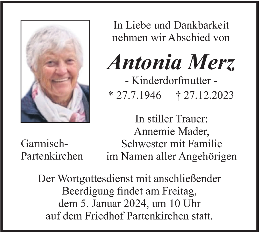  Traueranzeige für Antonia Merz vom 30.12.2023 aus merkurtz