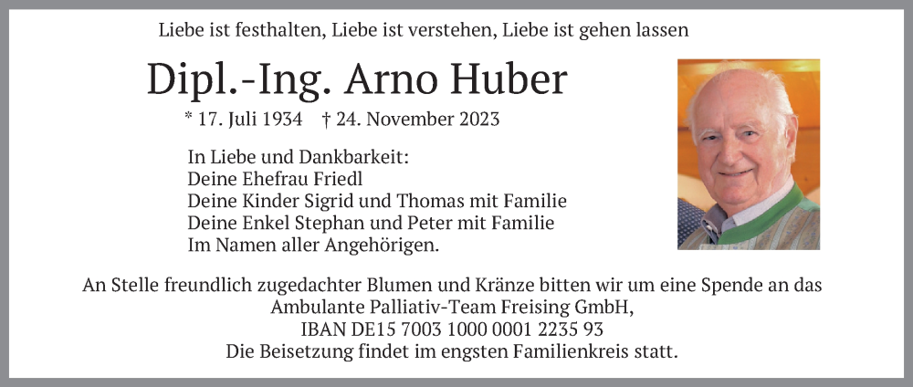  Traueranzeige für Arno Huber vom 09.12.2023 aus merkurtz