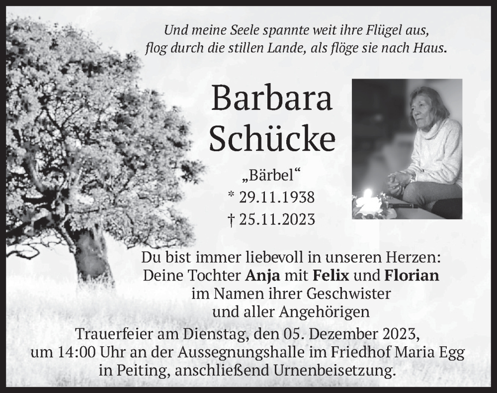 Traueranzeigen von Barbara Schücke | trauer.merkur.de