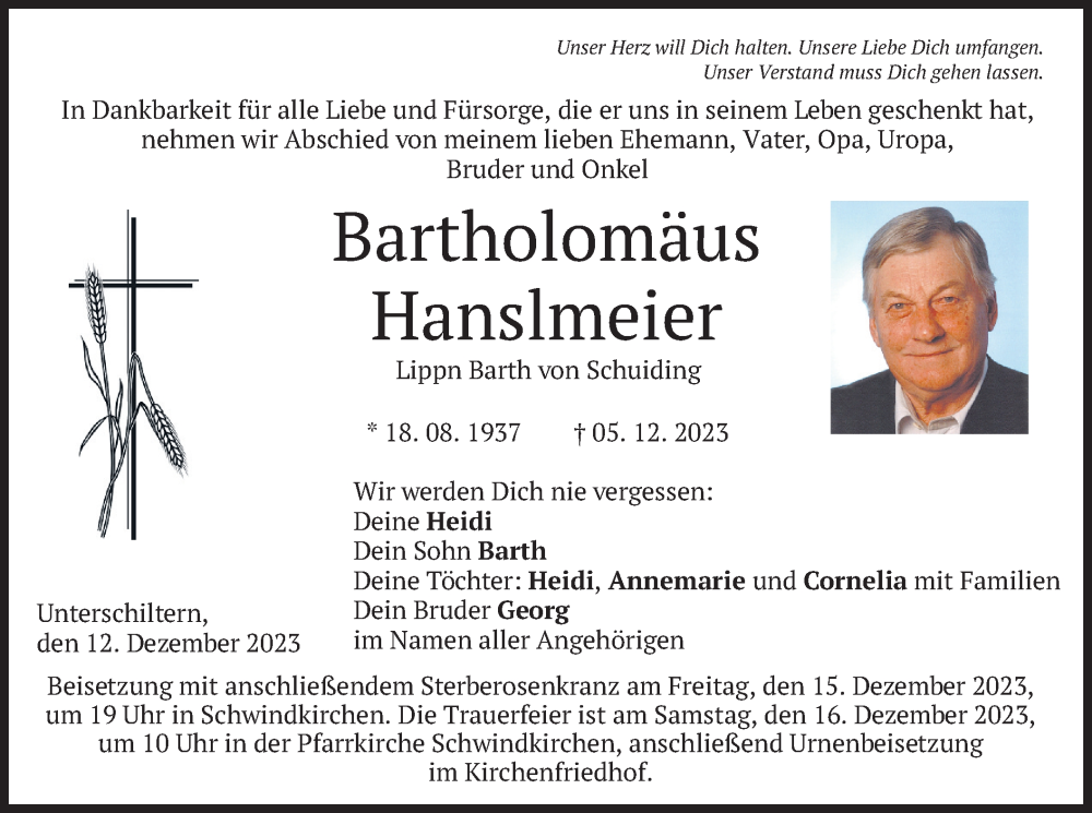  Traueranzeige für Bartholomäus Hanslmeier vom 12.12.2023 aus merkurtz