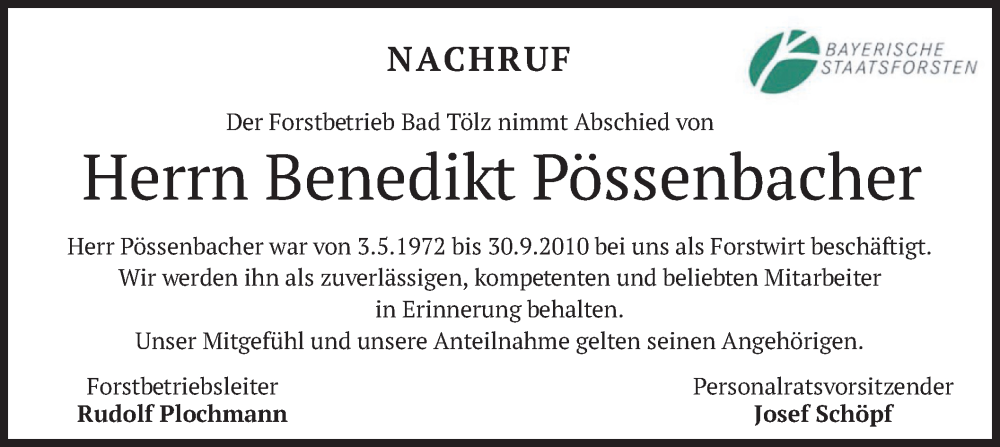  Traueranzeige für Benedikt Pössenbacher vom 02.12.2023 aus merkurtz