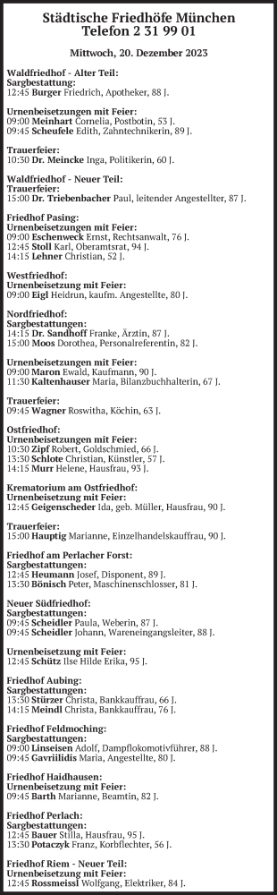 Traueranzeige von Bestattungen vom 20.12.2023 von merkurtz