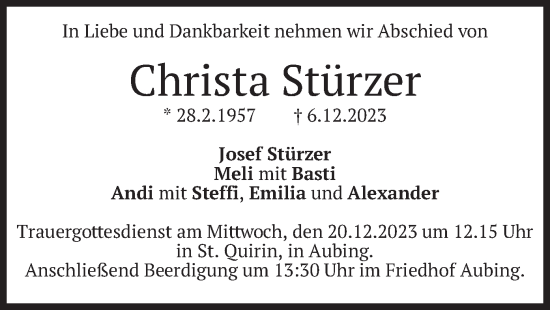Traueranzeige von Christa Stürzer von merkurtz