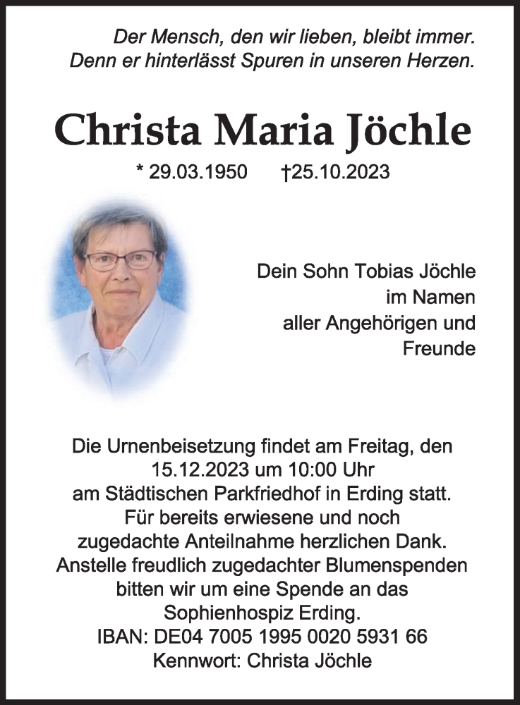  Traueranzeige für Christa Maria Jöchle vom 11.12.2023 aus merkurtz