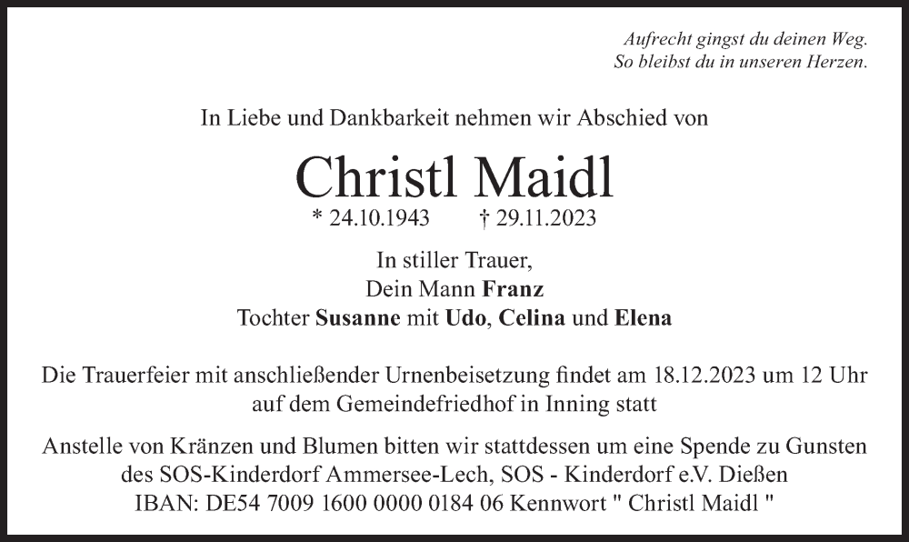  Traueranzeige für Christl Maidl vom 09.12.2023 aus merkurtz