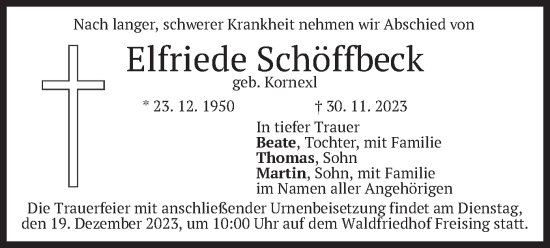 Traueranzeige von Elfriede Schöffbeck von merkurtz