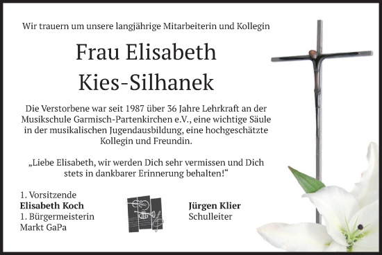 Traueranzeige von Elisabeth Kies-Silhanek von merkurtz