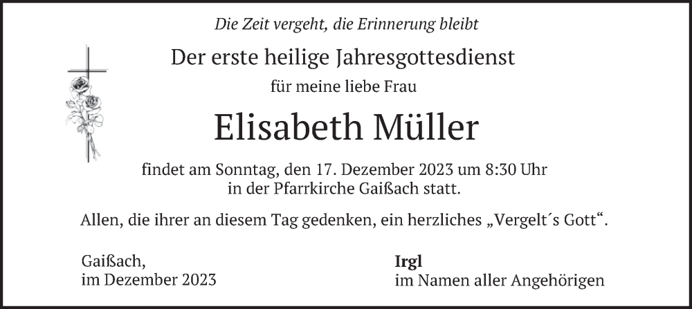  Traueranzeige für Elisabeth Müller vom 15.12.2023 aus merkurtz