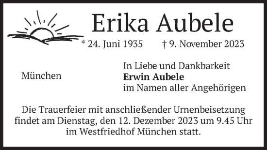 Traueranzeige von Erika Aubele von merkurtz