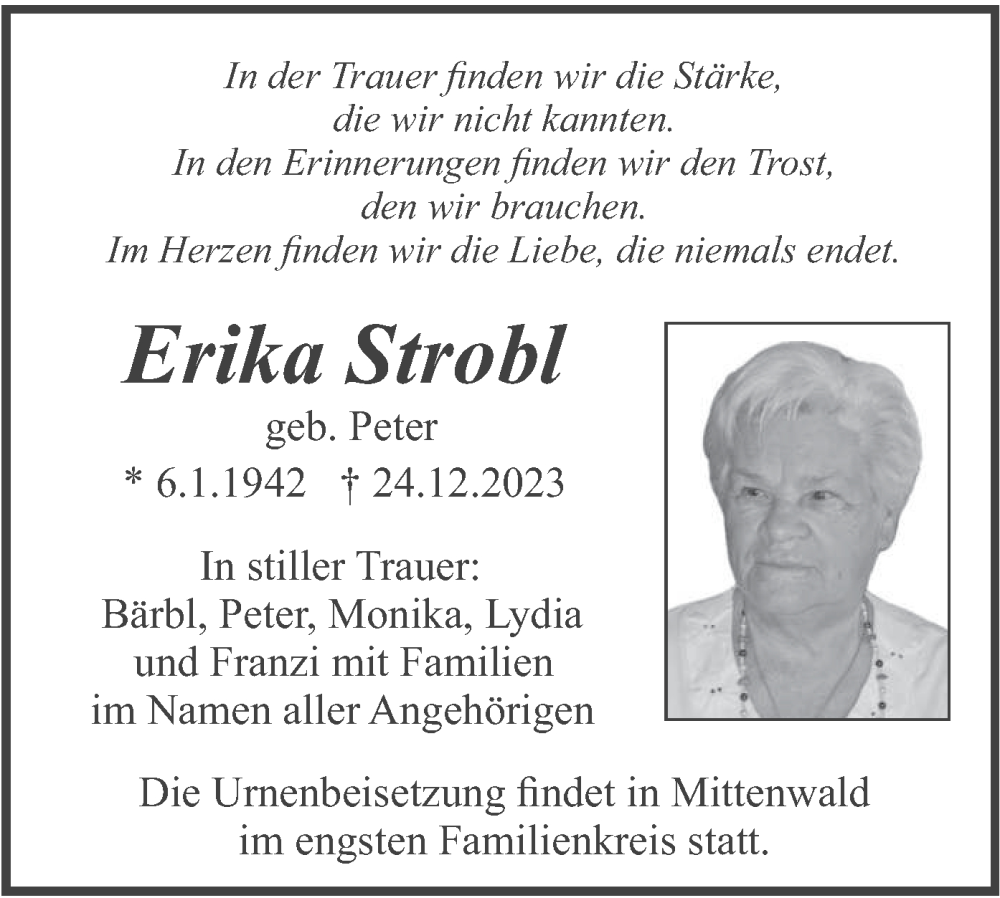  Traueranzeige für Erika Strobl vom 30.12.2023 aus merkurtz