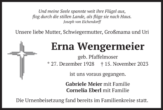 Traueranzeige von Erna Wengermeier von merkurtz