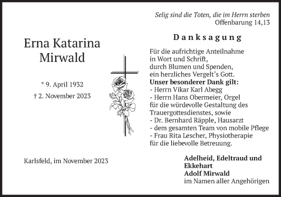 Traueranzeige von Erna Katarina Mirwald von merkurtz