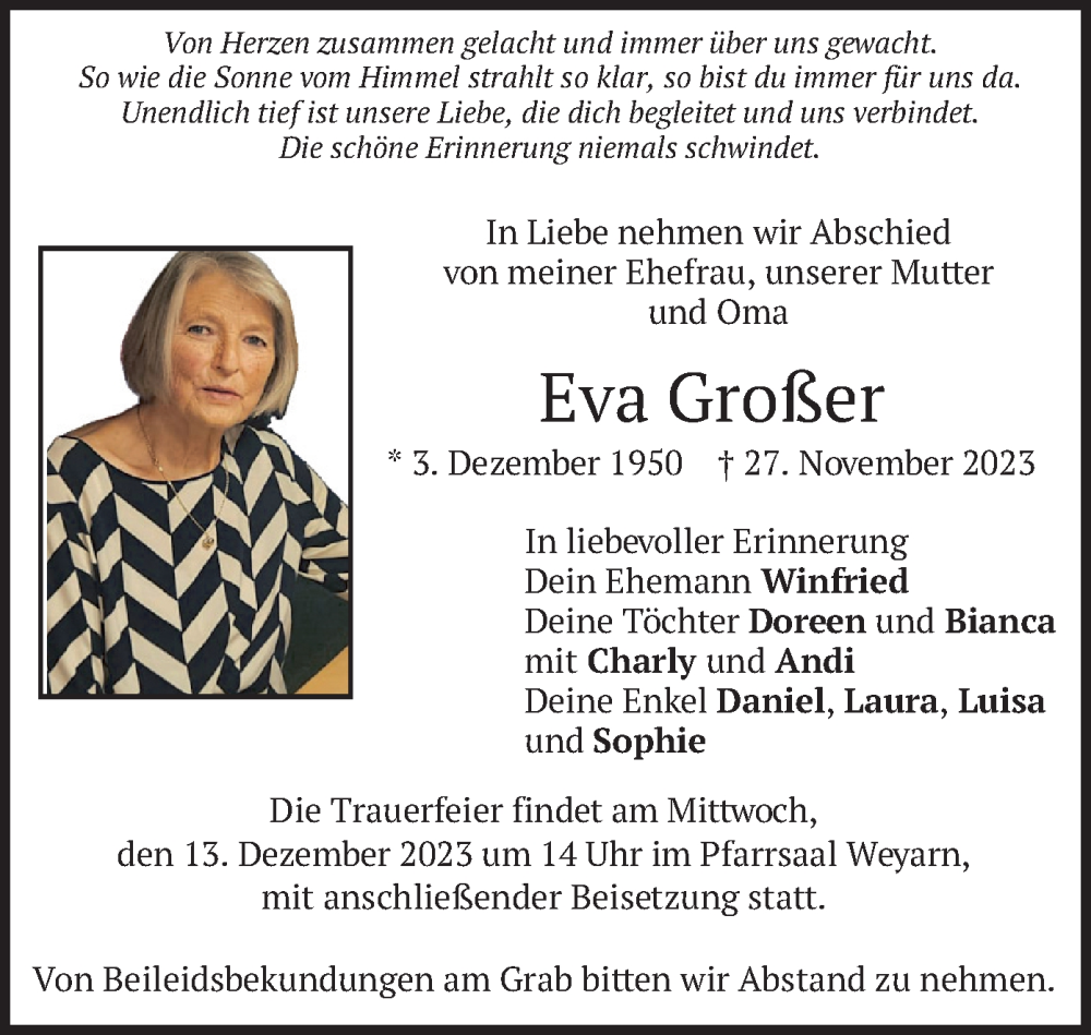  Traueranzeige für Eva Großer vom 09.12.2023 aus merkurtz