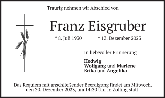 Traueranzeige von Franz Eisgruber von merkurtz