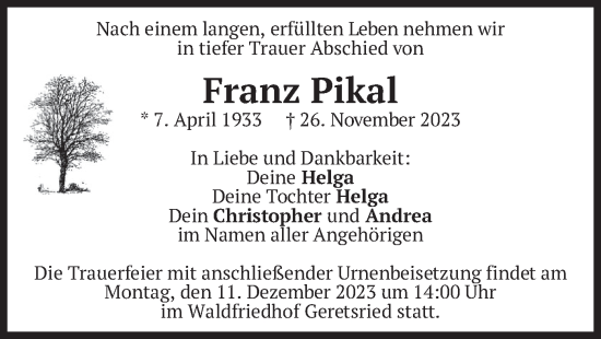 Traueranzeige von Franz Pikal von merkurtz