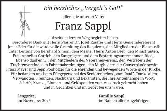 Traueranzeige von Franz Sappl von merkurtz