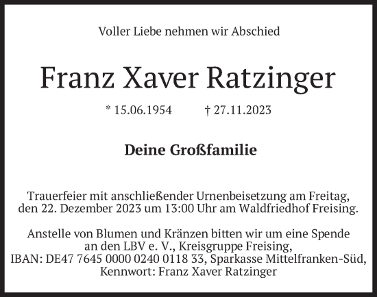 Traueranzeige von Franz Xaver Ratzinger von merkurtz