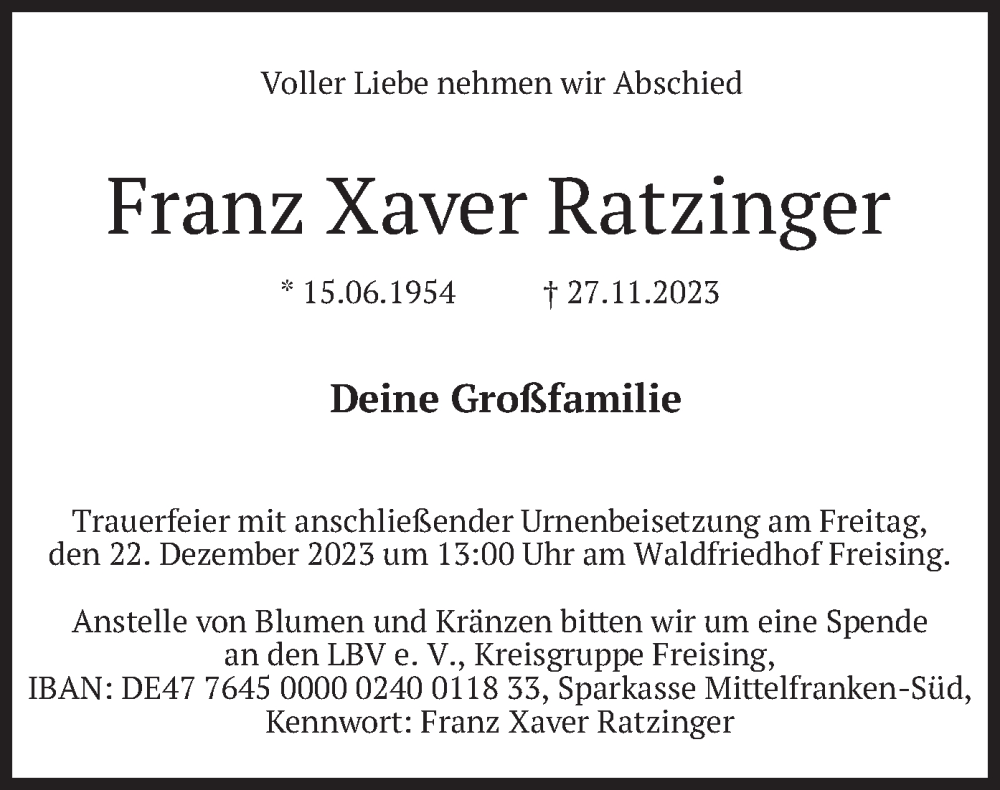  Traueranzeige für Franz Xaver Ratzinger vom 16.12.2023 aus merkurtz