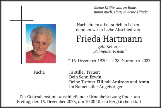 Traueranzeige von Frieda Hartmann