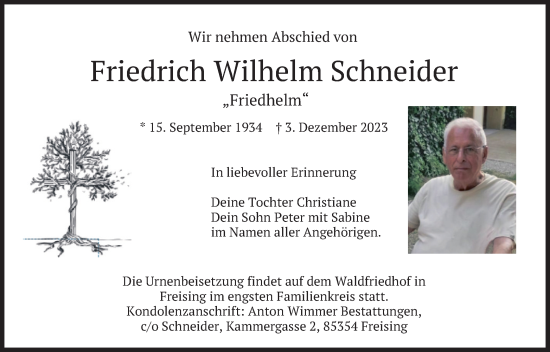 Traueranzeige von Friedrich Wilhelm Schneider von merkurtz