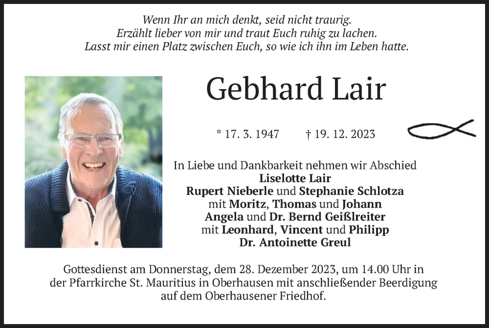  Traueranzeige für Gebhard Lair vom 23.12.2023 aus merkurtz