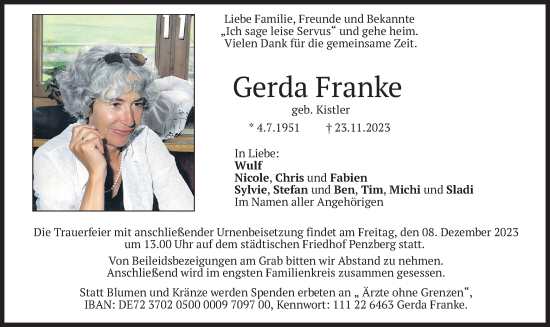 Traueranzeige von Gerda Franke von merkurtz